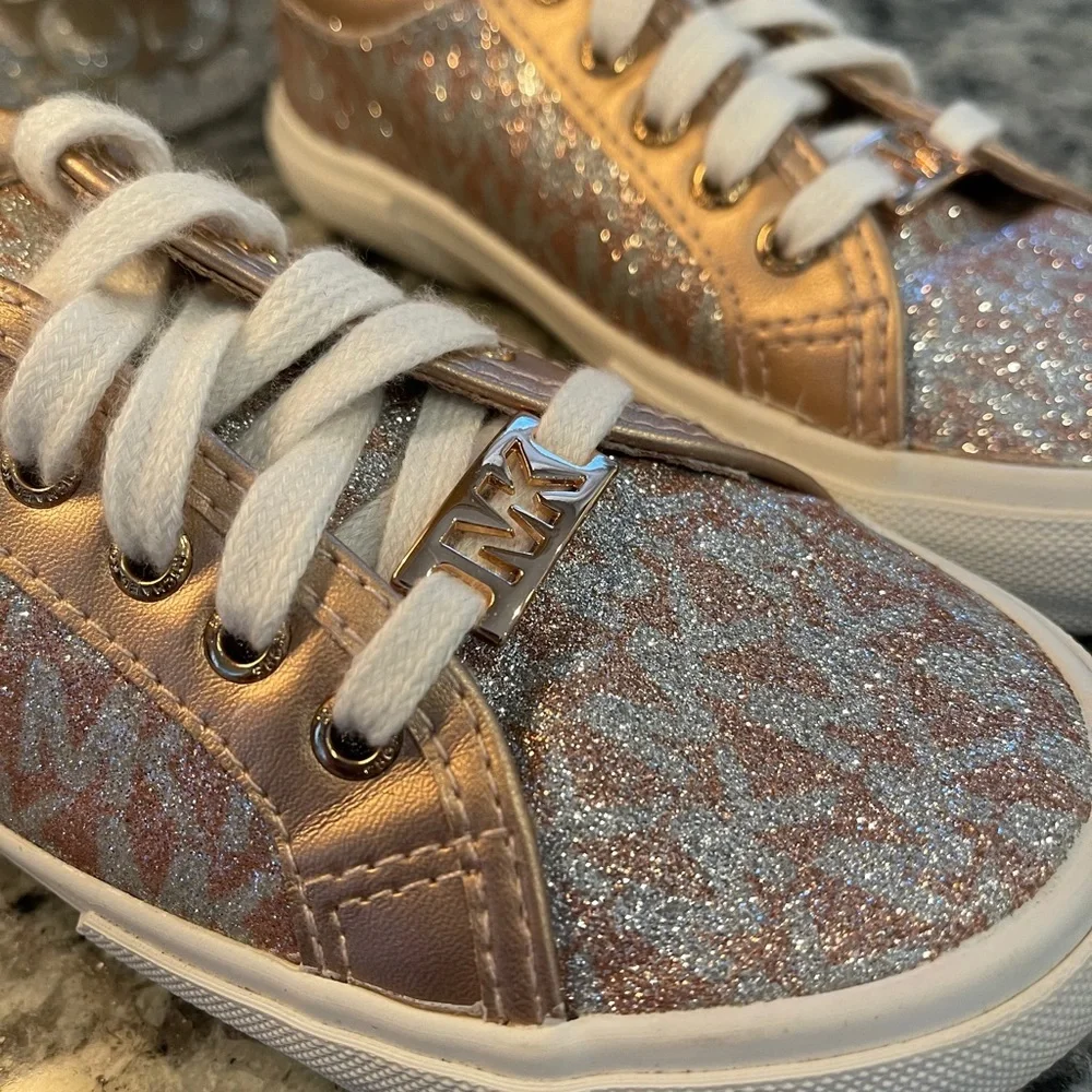 Michael Kors Girls Rose Gold Glitter Monogram Sneakers Size 13 Little Kid